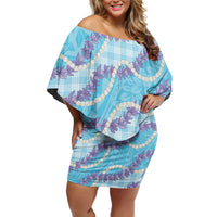 Blue Hawaii Palaka Honohono Pikake Family Matching Off Shoulder Short Dress and Hawaiian Shirt Hawaiian Orchid Lei Polynesian Pattern - Polynesian Pride