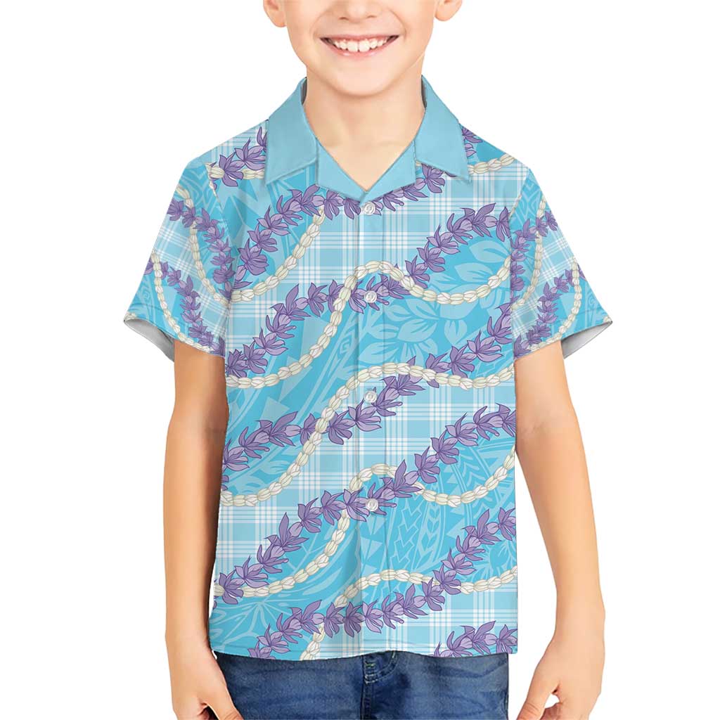 Blue Hawaii Palaka Honohono Pikake Family Matching Short Sleeve Bodycon Dress and Hawaiian Shirt Hawaiian Orchid Lei Polynesian Pattern - Polynesian Pride