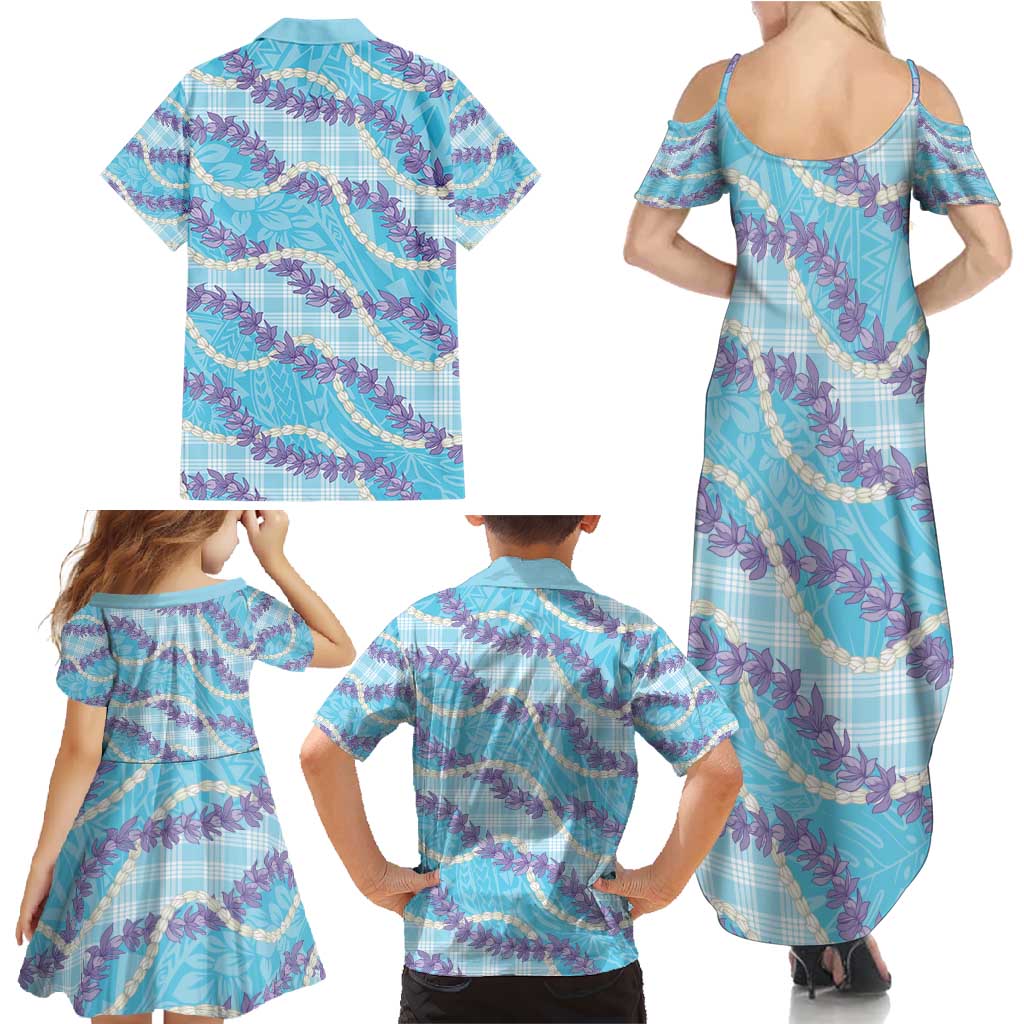 Blue Hawaii Palaka Honohono Pikake Family Matching Summer Maxi Dress and Hawaiian Shirt Hawaiian Orchid Lei Polynesian Pattern - Polynesian Pride