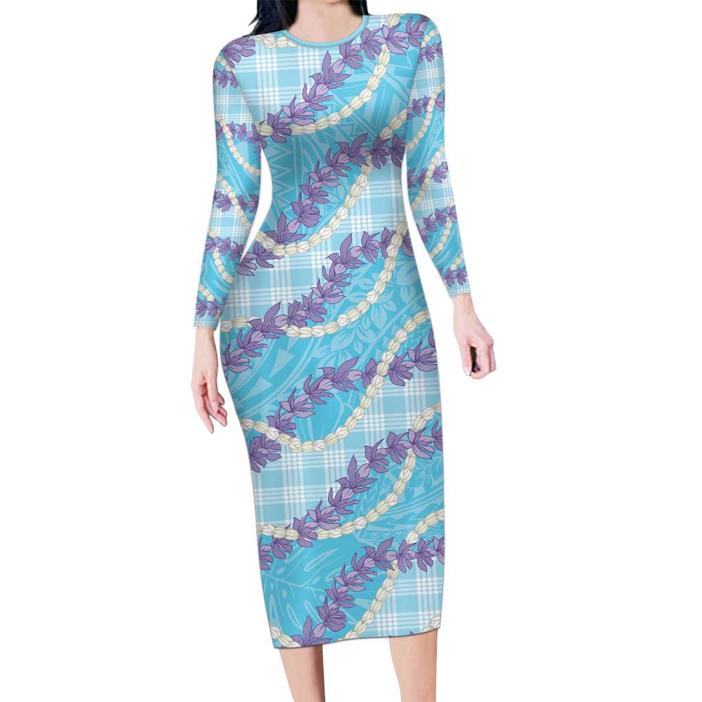 Blue Hawaii Palaka Honohono Pikake Long Sleeve Bodycon Dress Hawaiian Orchid Lei Polynesian Pattern - Polynesian Pride