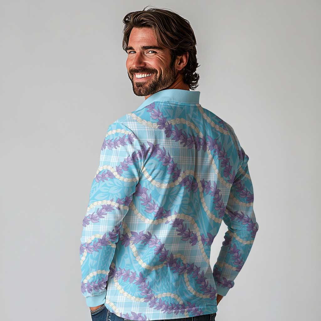 Blue Hawaii Palaka Honohono Pikake Long Sleeve Polo Shirt Hawaiian Orchid Lei Polynesian Pattern - Polynesian Pride