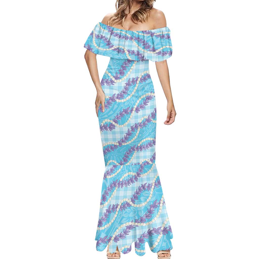 Blue Hawaii Palaka Honohono Pikake Mermaid Dress Hawaiian Orchid Lei Polynesian Pattern - Polynesian Pride