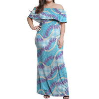 Blue Hawaii Palaka Honohono Pikake Off Shoulder Maxi Dress Hawaiian Orchid Lei Polynesian Pattern - Polynesian Pride