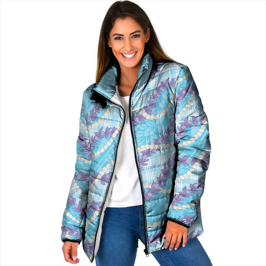 Blue Hawaii Palaka Honohono Pikake Padded Jacket Hawaiian Orchid Lei Polynesian Pattern - Polynesian Pride
