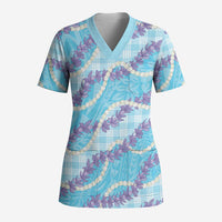 Blue Hawaii Palaka Honohono Pikake Scrub Top Hawaiian Orchid Lei Polynesian Pattern - Polynesian Pride