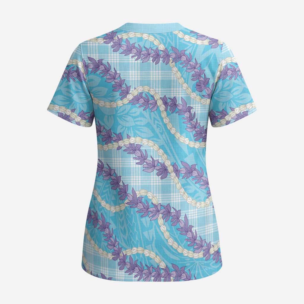 Blue Hawaii Palaka Honohono Pikake Scrub Top Hawaiian Orchid Lei Polynesian Pattern - Polynesian Pride