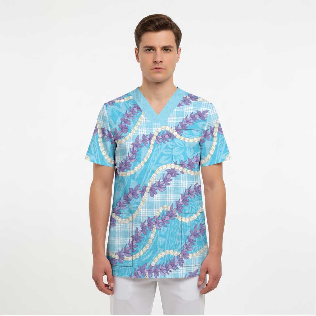 Blue Hawaii Palaka Honohono Pikake Scrub Top Hawaiian Orchid Lei Polynesian Pattern - Polynesian Pride