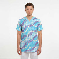 Blue Hawaii Palaka Honohono Pikake Scrub Top Hawaiian Orchid Lei Polynesian Pattern - Polynesian Pride