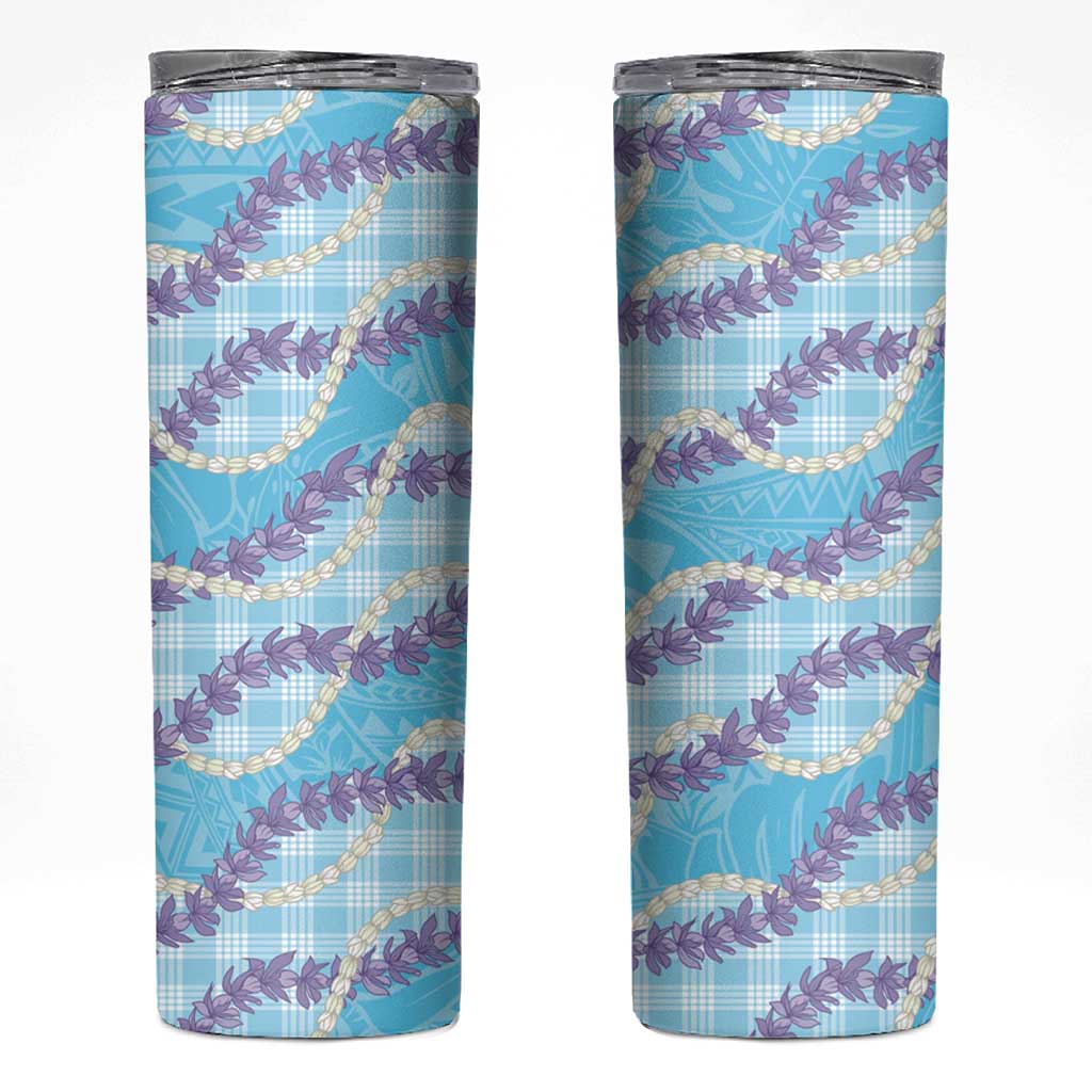 Blue Hawaii Palaka Honohono Pikake Skinny Tumbler Hawaiian Orchid Lei Polynesian Pattern - Polynesian Pride