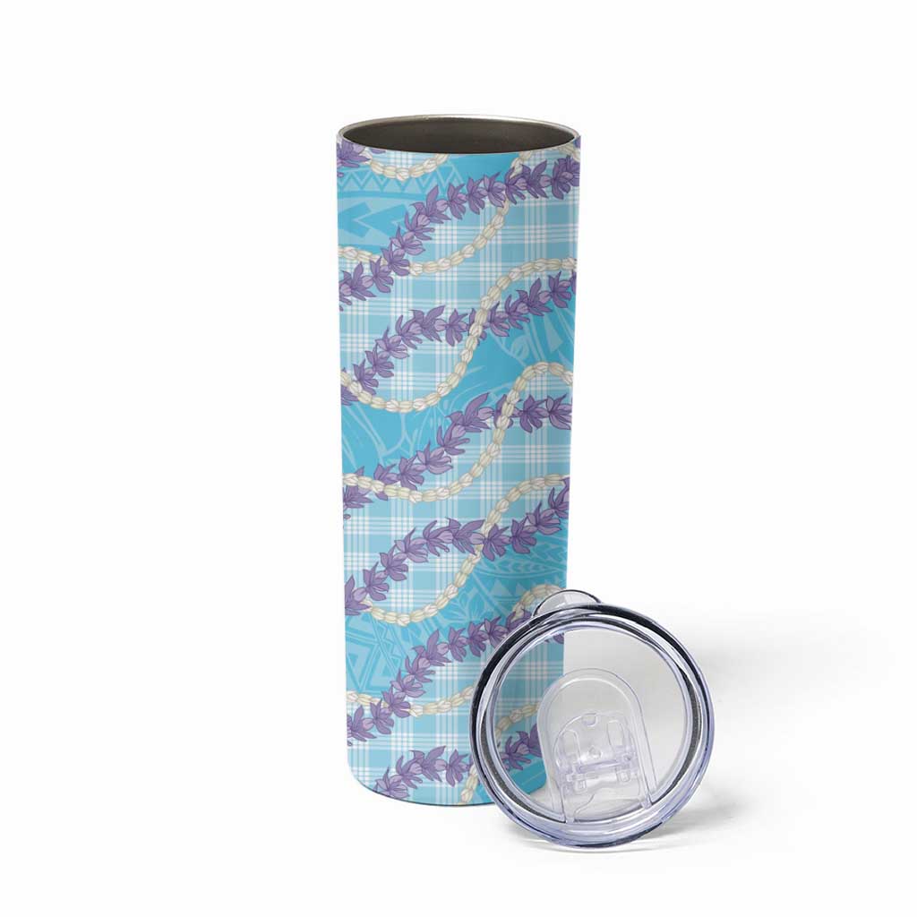 Blue Hawaii Palaka Honohono Pikake Skinny Tumbler Hawaiian Orchid Lei Polynesian Pattern - Polynesian Pride