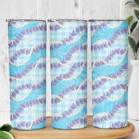 Blue Hawaii Palaka Honohono Pikake Skinny Tumbler Hawaiian Orchid Lei Polynesian Pattern - Polynesian Pride