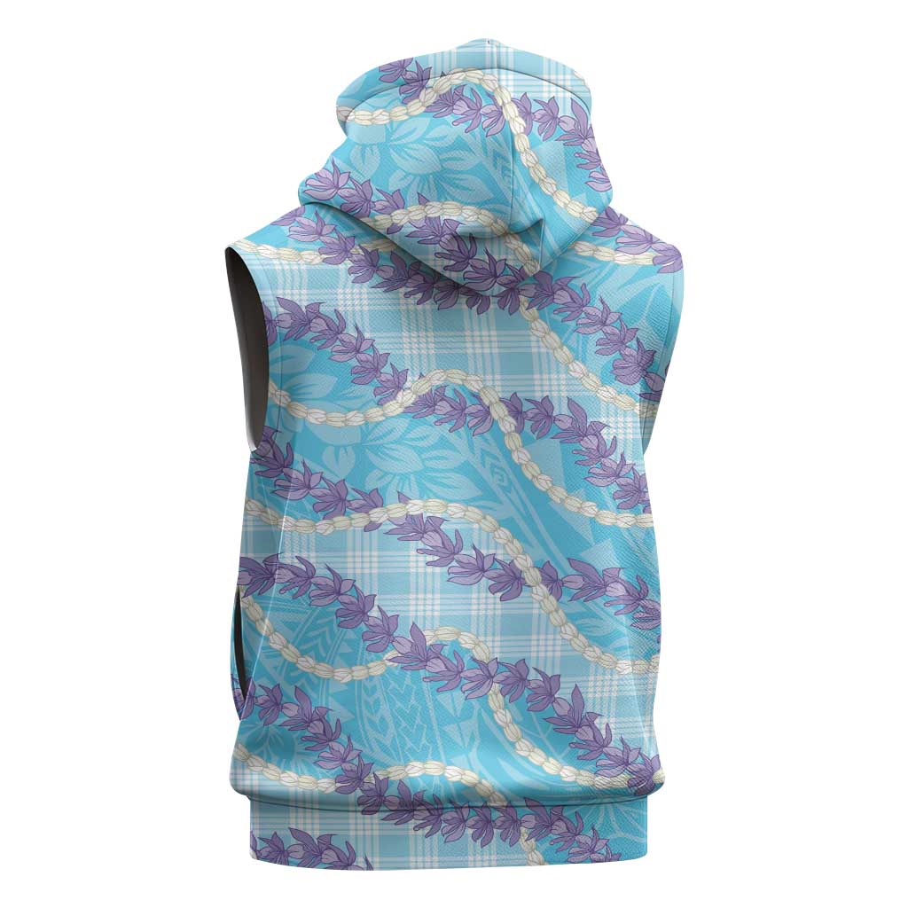 Blue Hawaii Palaka Honohono Pikake Sleeveless Hoodie Hawaiian Orchid Lei Polynesian Pattern - Polynesian Pride