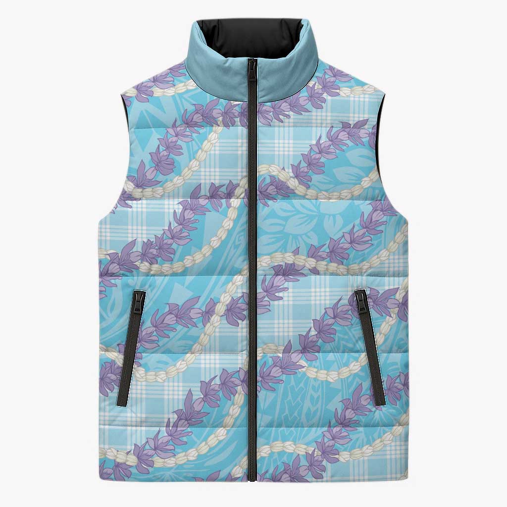 Blue Hawaii Palaka Honohono Pikake Sleeveless Puffer Jacket Hawaiian Orchid Lei Polynesian Pattern - Polynesian Pride