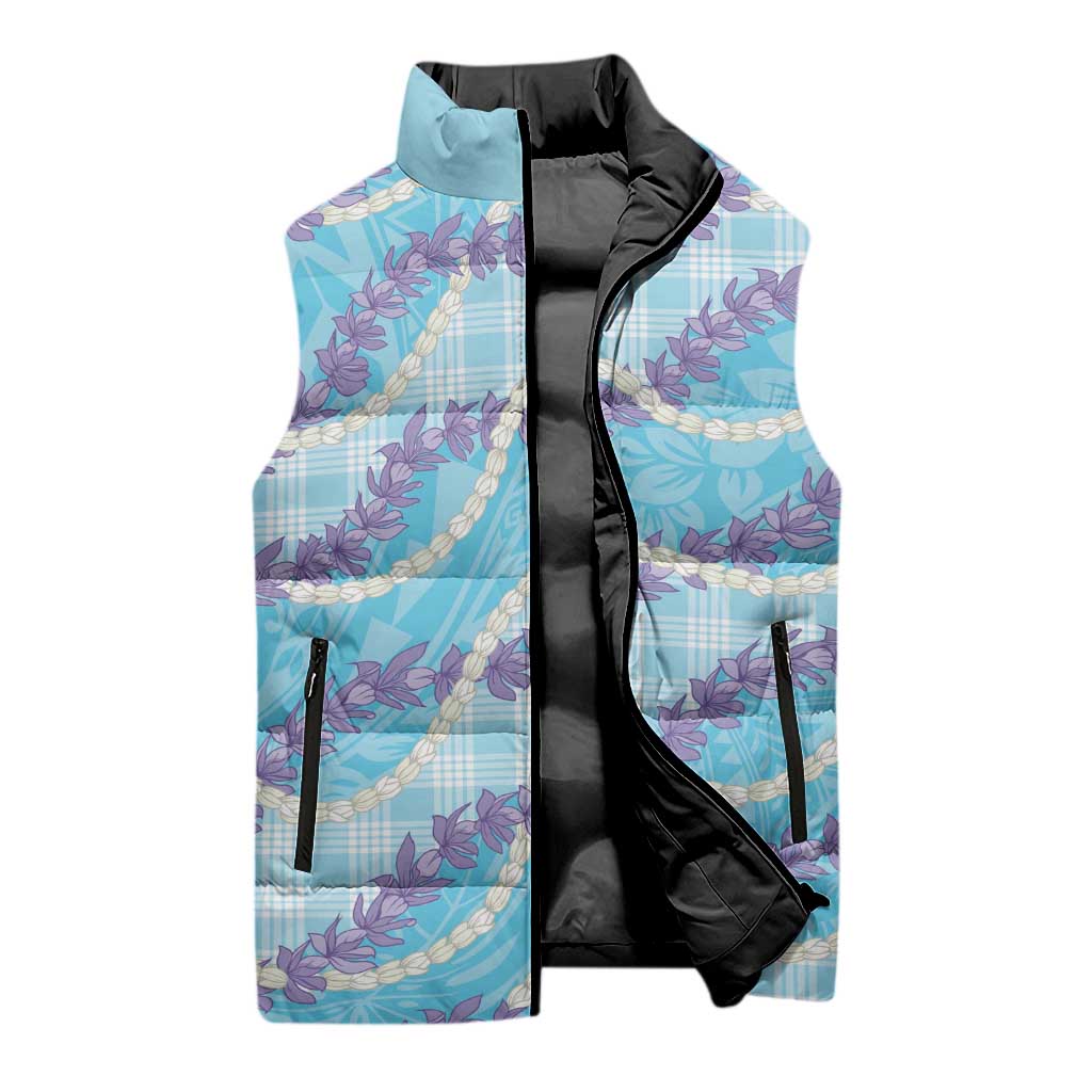 Blue Hawaii Palaka Honohono Pikake Sleeveless Puffer Jacket Hawaiian Orchid Lei Polynesian Pattern - Polynesian Pride