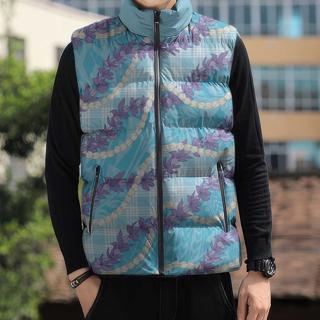 Blue Hawaii Palaka Honohono Pikake Sleeveless Puffer Jacket Hawaiian Orchid Lei Polynesian Pattern - Polynesian Pride