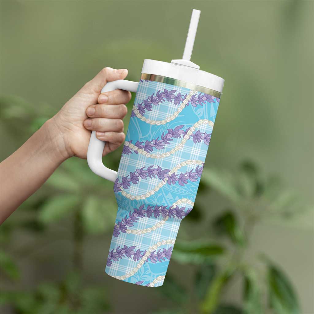 Blue Hawaii Palaka Honohono Pikake Tumbler With Handle Hawaiian Orchid Lei Polynesian Pattern - Polynesian Pride