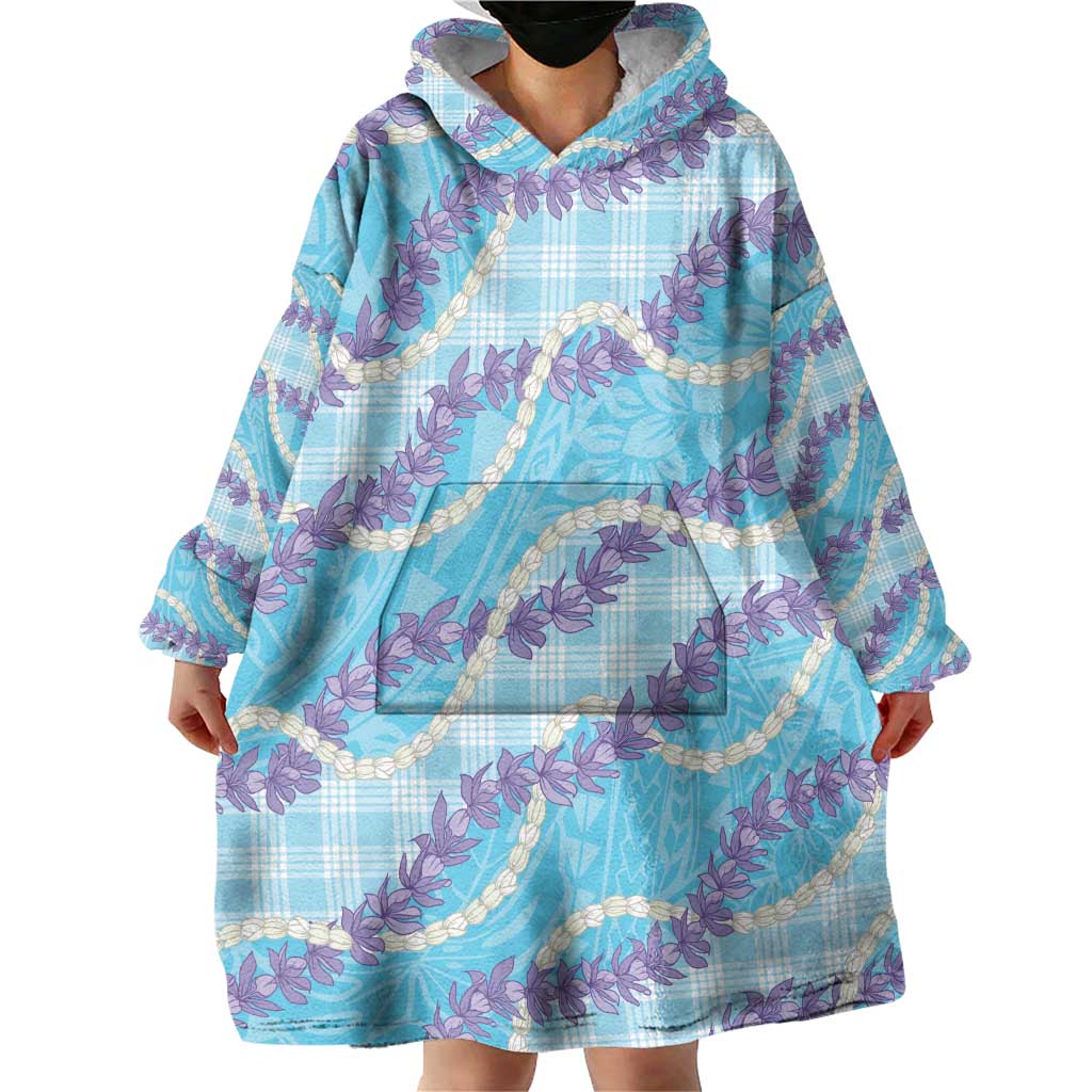 Blue Hawaii Palaka Honohono Pikake Wearable Blanket Hoodie Hawaiian Orchid Lei Polynesian Pattern - Polynesian Pride