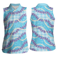 Blue Hawaii Palaka Honohono Pikake Women Sleeveless Polo Shirt Hawaiian Orchid Lei Polynesian Pattern - Polynesian Pride