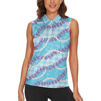 Blue Hawaii Palaka Honohono Pikake Women Sleeveless Polo Shirt Hawaiian Orchid Lei Polynesian Pattern - Polynesian Pride