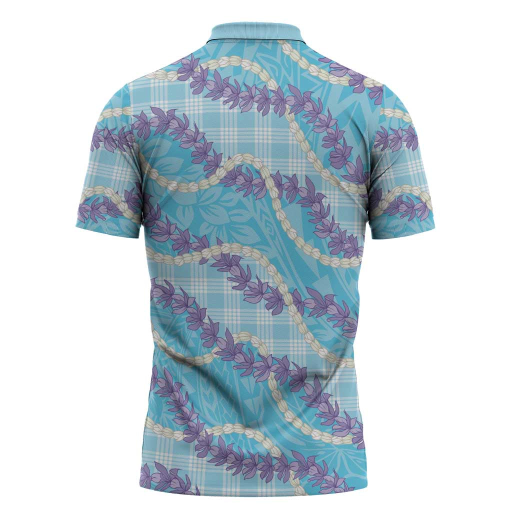 Blue Hawaii Palaka Honohono Pikake Zipper Polo Shirt Hawaiian Orchid Lei Polynesian Pattern - Polynesian Pride