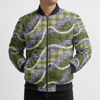 Green Hawaii Palaka Honohono Pikake Bomber Puffer Jacket Hawaiian Orchid Lei Polynesian Pattern - Polynesian Pride