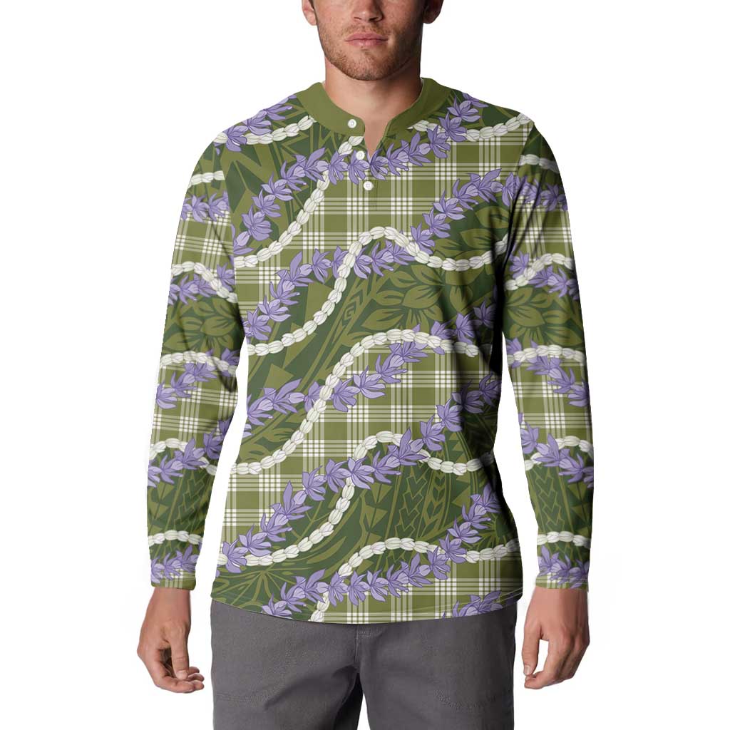 Green Hawaii Palaka Honohono Pikake Button Sweatshirt Hawaiian Orchid Lei Polynesian Pattern - Polynesian Pride