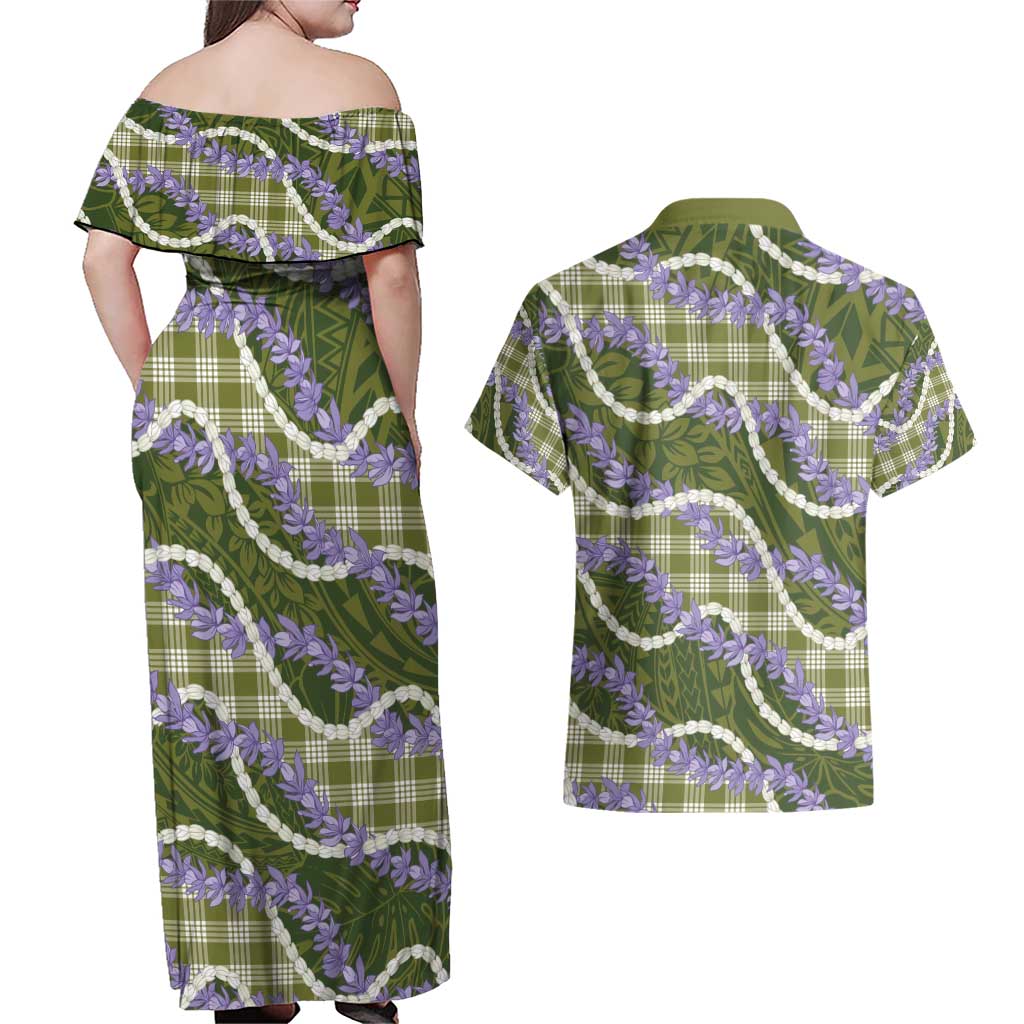 Green Hawaii Palaka Honohono Pikake Couples Matching Off Shoulder Maxi Dress and Hawaiian Shirt Hawaiian Orchid Lei Polynesian Pattern - Polynesian Pride