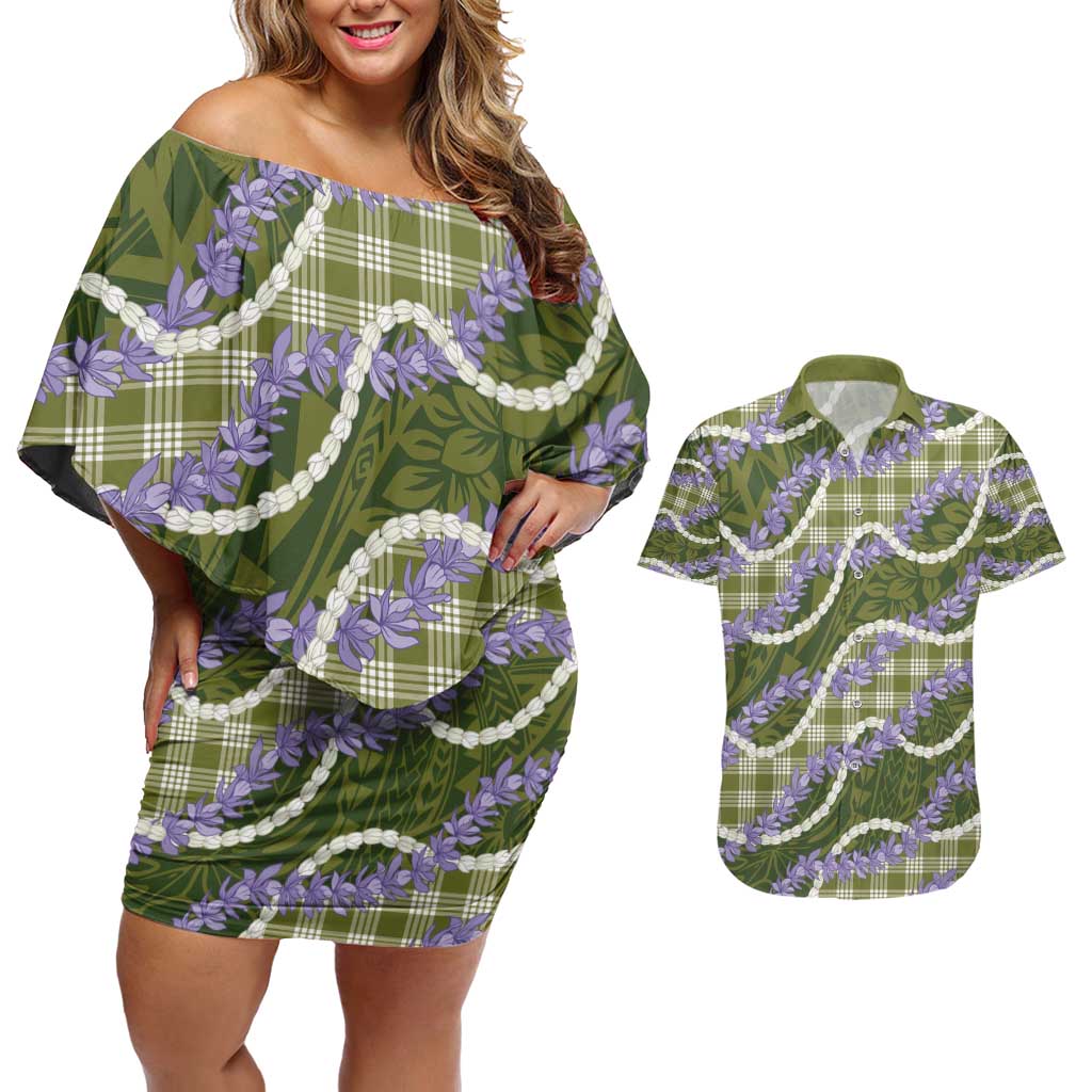 Green Hawaii Palaka Honohono Pikake Couples Matching Off Shoulder Short Dress and Hawaiian Shirt Hawaiian Orchid Lei Polynesian Pattern - Polynesian Pride