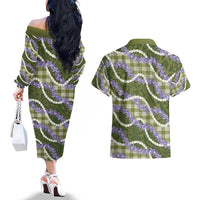 Green Hawaii Palaka Honohono Pikake Couples Matching Off The Shoulder Long Sleeve Dress and Hawaiian Shirt Hawaiian Orchid Lei Polynesian Pattern - Polynesian Pride