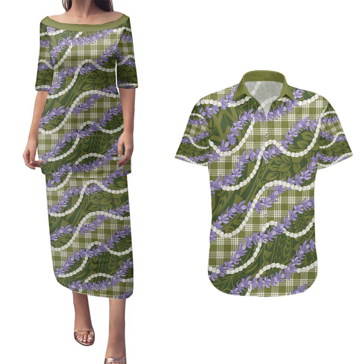 Green Hawaii Palaka Honohono Pikake Couples Matching Puletasi and Hawaiian Shirt Hawaiian Orchid Lei Polynesian Pattern - Polynesian Pride