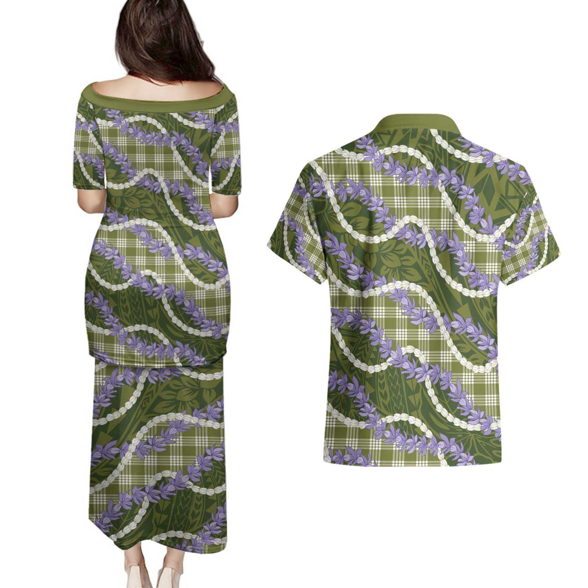 Green Hawaii Palaka Honohono Pikake Couples Matching Puletasi and Hawaiian Shirt Hawaiian Orchid Lei Polynesian Pattern - Polynesian Pride