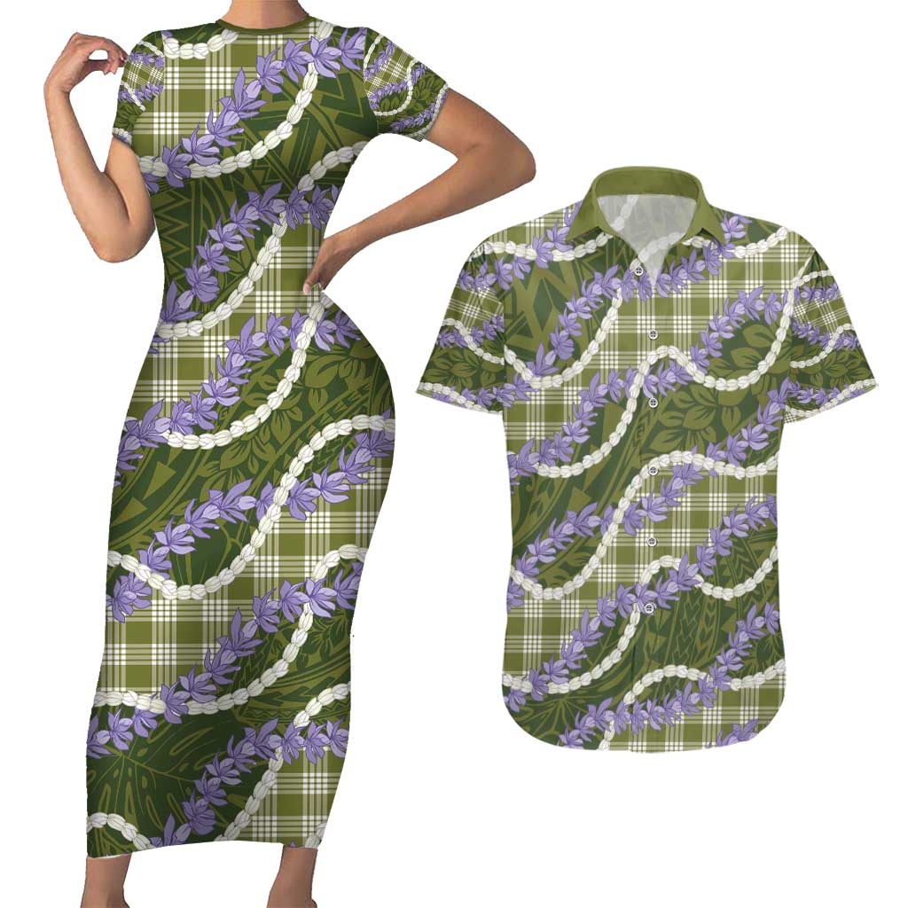 Green Hawaii Palaka Honohono Pikake Couples Matching Short Sleeve Bodycon Dress and Hawaiian Shirt Hawaiian Orchid Lei Polynesian Pattern - Polynesian Pride