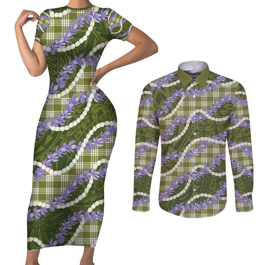 Green Hawaii Palaka Honohono Pikake Couples Matching Short Sleeve Bodycon Dress and Long Sleeve Button Shirt Hawaiian Orchid Lei Polynesian Pattern - Polynesian Pride