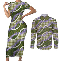 Green Hawaii Palaka Honohono Pikake Couples Matching Short Sleeve Bodycon Dress and Long Sleeve Button Shirt Hawaiian Orchid Lei Polynesian Pattern - Polynesian Pride