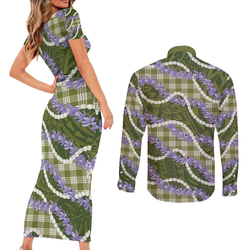 Green Hawaii Palaka Honohono Pikake Couples Matching Short Sleeve Bodycon Dress and Long Sleeve Button Shirt Hawaiian Orchid Lei Polynesian Pattern - Polynesian Pride