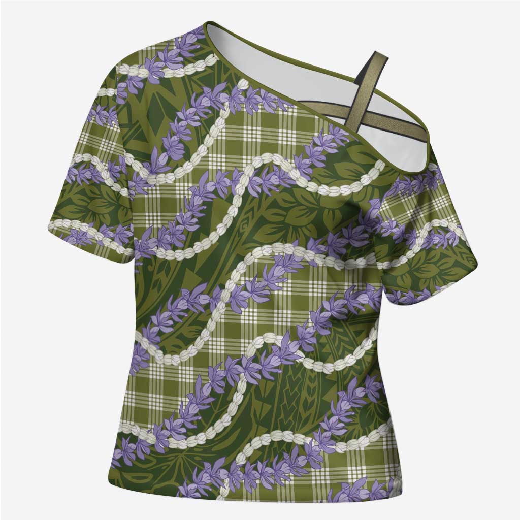 Green Hawaii Palaka Honohono Pikake Cross Shoulder Shirt Hawaiian Orchid Lei Polynesian Pattern - Polynesian Pride