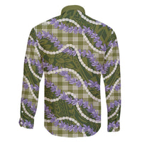 Green Hawaii Palaka Honohono Pikake Family Matching Long Sleeve Bodycon Dress and Hawaiian Shirt Hawaiian Orchid Lei Polynesian Pattern - Polynesian Pride