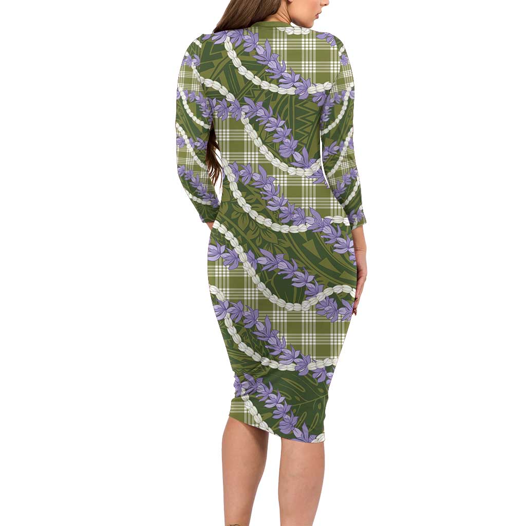 Green Hawaii Palaka Honohono Pikake Family Matching Long Sleeve Bodycon Dress and Hawaiian Shirt Hawaiian Orchid Lei Polynesian Pattern - Polynesian Pride