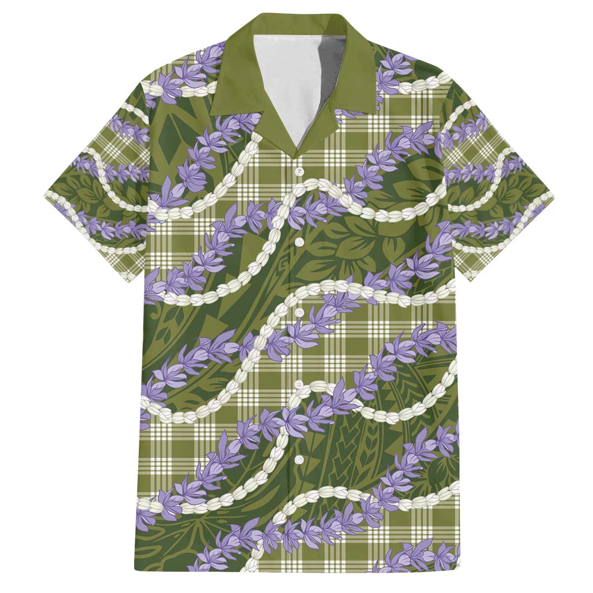 Green Hawaii Palaka Honohono Pikake Family Matching Off The Shoulder Long Sleeve Dress and Hawaiian Shirt Hawaiian Orchid Lei Polynesian Pattern - Polynesian Pride
