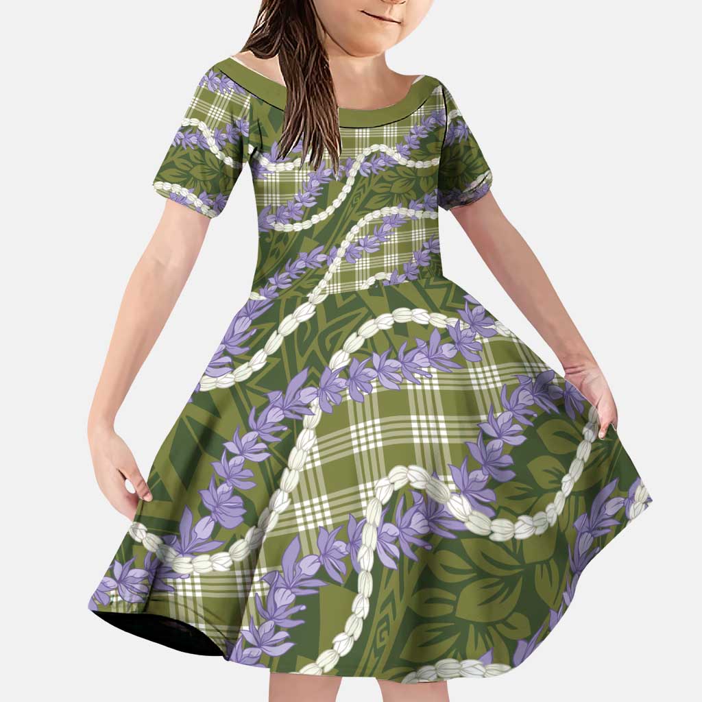 Green Hawaii Palaka Honohono Pikake Family Matching Off Shoulder Maxi Dress and Hawaiian Shirt Hawaiian Orchid Lei Polynesian Pattern LT14 Daughter's Dress Green - Polynesian Pride