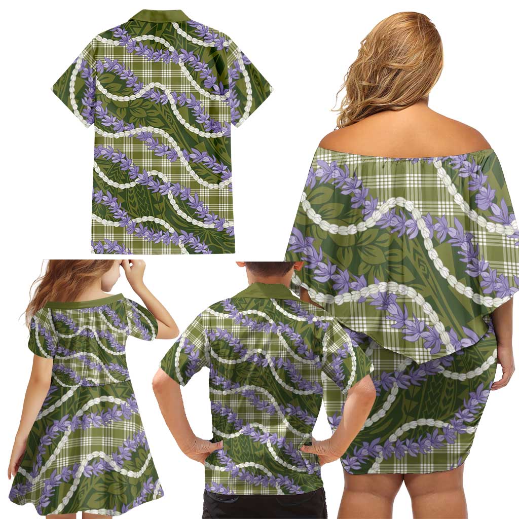 Green Hawaii Palaka Honohono Pikake Family Matching Off Shoulder Short Dress and Hawaiian Shirt Hawaiian Orchid Lei Polynesian Pattern LT14 - Polynesian Pride