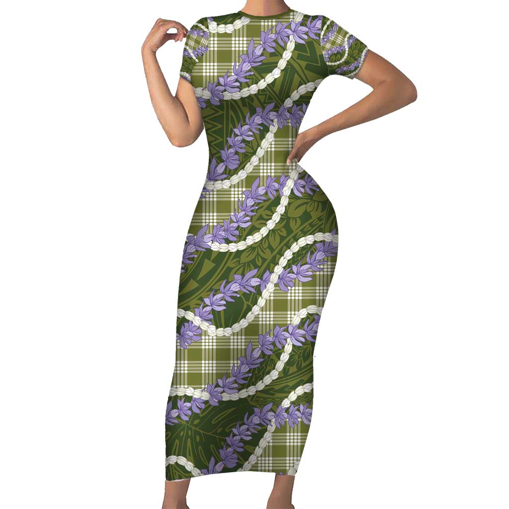 Green Hawaii Palaka Honohono Pikake Family Matching Short Sleeve Bodycon Dress and Hawaiian Shirt Hawaiian Orchid Lei Polynesian Pattern - Polynesian Pride