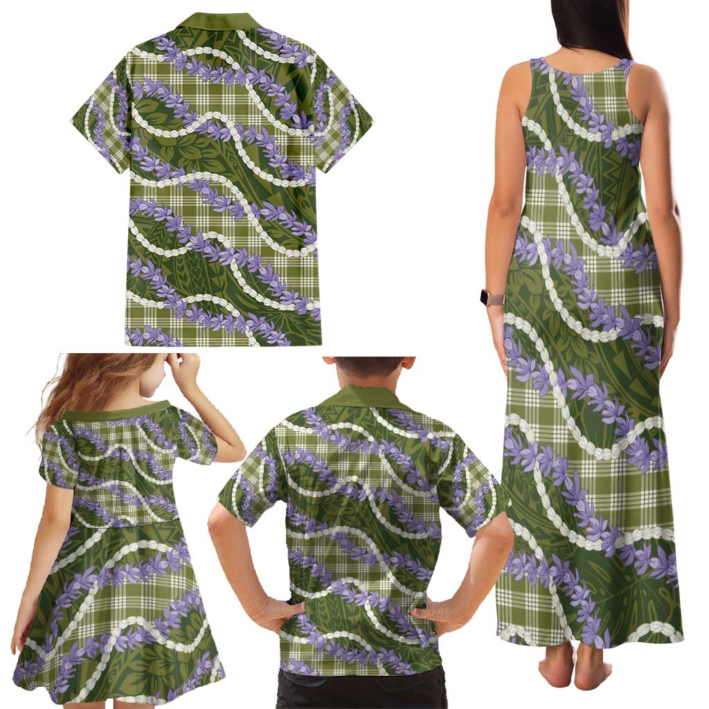 Green Hawaii Palaka Honohono Pikake Family Matching Tank Maxi Dress and Hawaiian Shirt Hawaiian Orchid Lei Polynesian Pattern - Polynesian Pride
