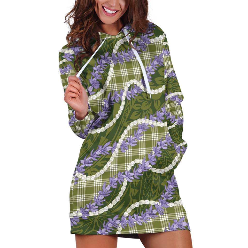 Green Hawaii Palaka Honohono Pikake Hoodie Dress Hawaiian Orchid Lei Polynesian Pattern - Polynesian Pride