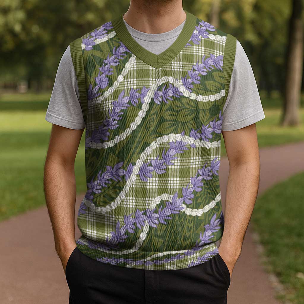 Green Hawaii Palaka Honohono Pikake Christmas Knitted V-Neck Vest Hawaiian Orchid Lei Polynesian Pattern - Polynesian Pride