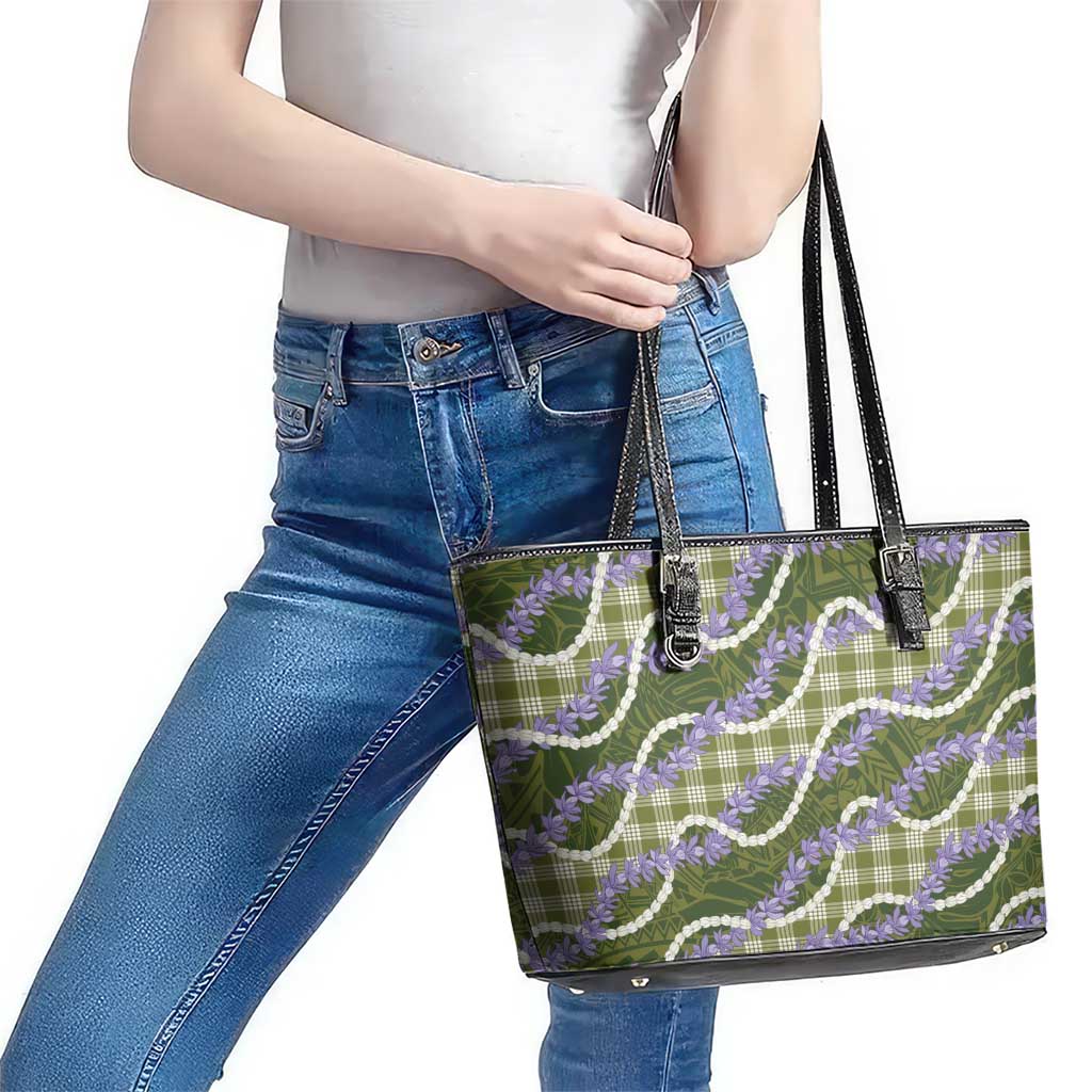 Green Hawaii Palaka Honohono Pikake Leather Tote Bag Hawaiian Orchid Lei Polynesian Pattern - Polynesian Pride