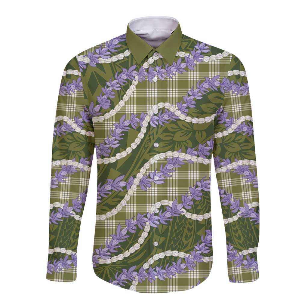 Green Hawaii Palaka Honohono Pikake Long Sleeve Button Shirt Hawaiian Orchid Lei Polynesian Pattern - Polynesian Pride