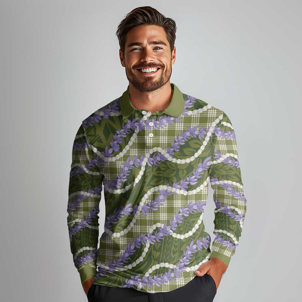 Green Hawaii Palaka Honohono Pikake Long Sleeve Polo Shirt Hawaiian Orchid Lei Polynesian Pattern - Polynesian Pride