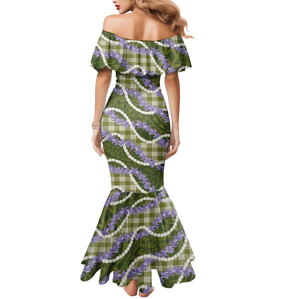 Green Hawaii Palaka Honohono Pikake Mermaid Dress Hawaiian Orchid Lei Polynesian Pattern - Polynesian Pride