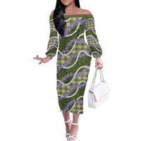 Green Hawaii Palaka Honohono Pikake Off The Shoulder Long Sleeve Dress Hawaiian Orchid Lei Polynesian Pattern - Polynesian Pride